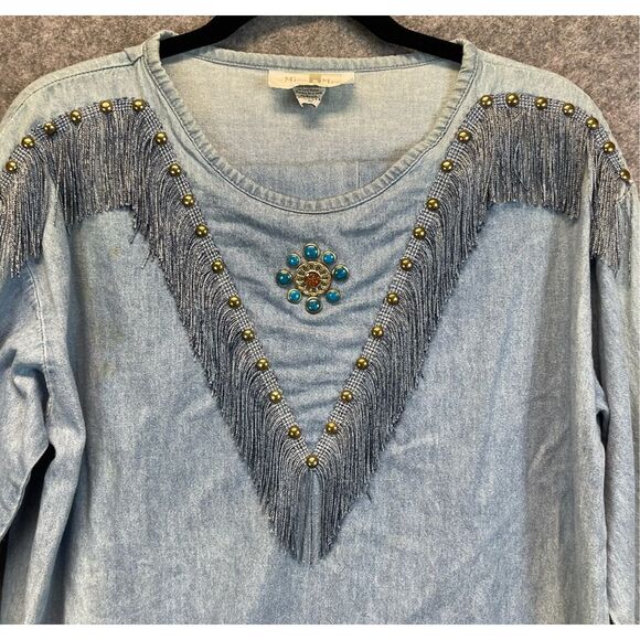Vintage MISS & MRS Outfit Set Women's Medium Blue Cotton Denim Studded Fringed - Picture 3 of 14
